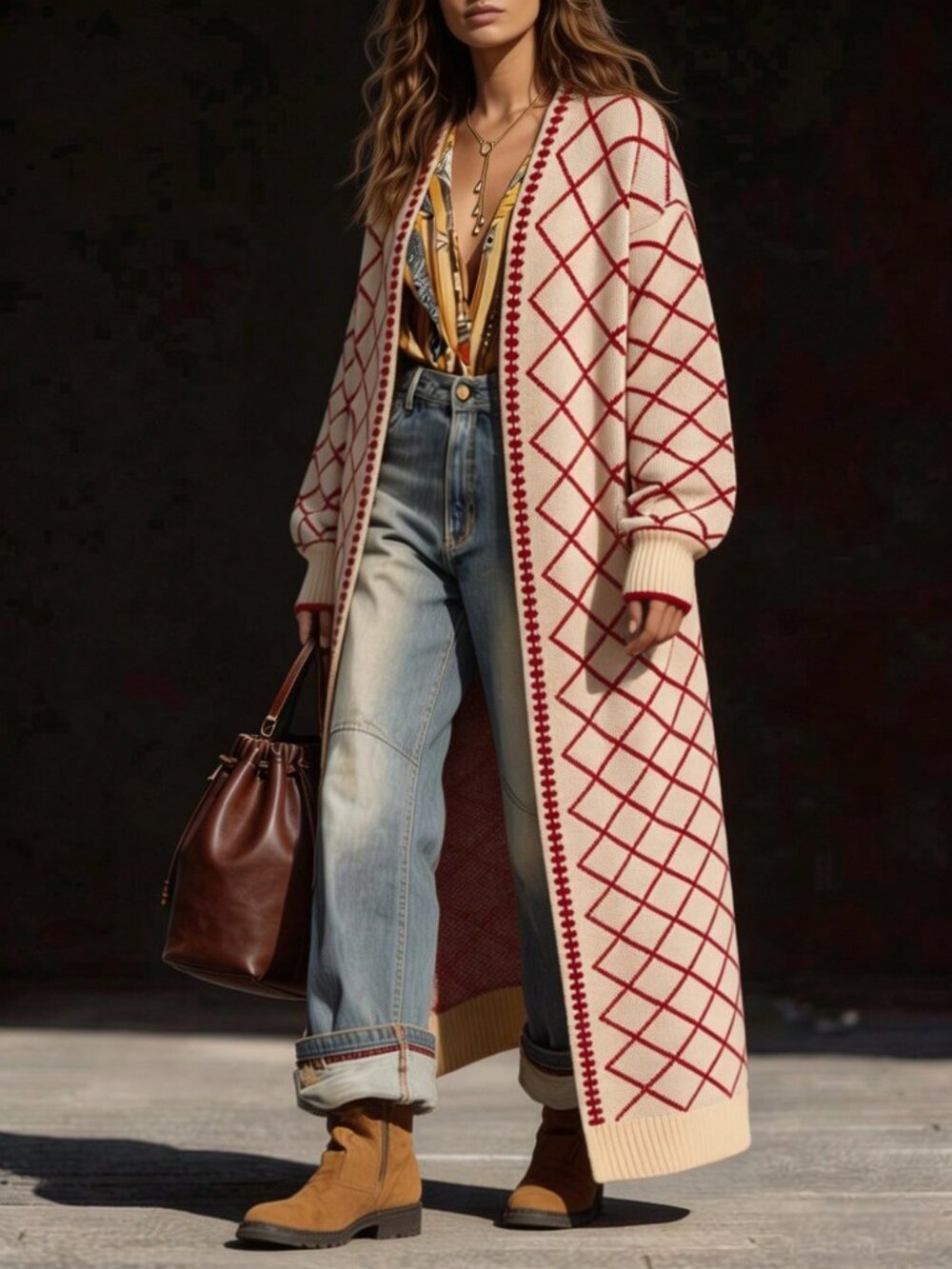 Multicolor Casual Women's Diamond Check Jacquard V-Neck Ribbed Cuffs Cardigan - Picture 5 of 6